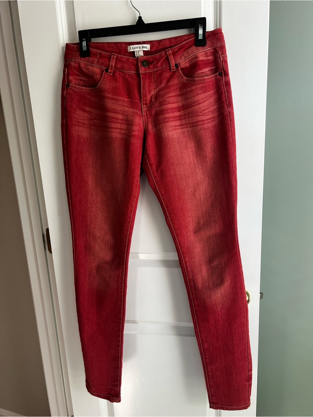 I LOVE H81 Forever 21 Red Skinny Jeans Whiskered Low Mid Rise Size 28